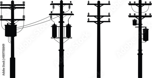 Silhouettes of four different electricity poles with transformers and wires power line utility pole