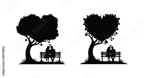 Couple sitting on a bench under a heart shaped tree silhouette