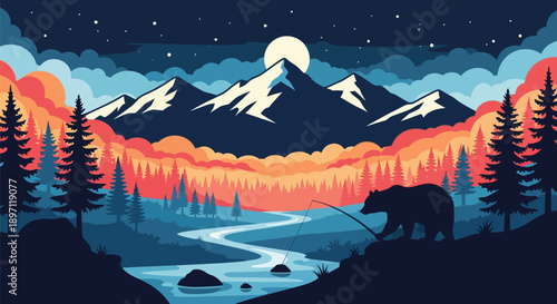 Majestic bear stands by serene mountain river at sunset with snow capped peaks and full moon rising
