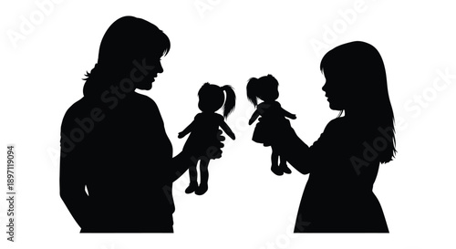 Mother and daughter playing with a doll a striking black silhouette
