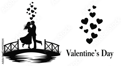 Couple embracing on bridge with hearts a romantic valentine s silhouette