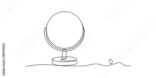 Simple single continuous line drawing of a round vanity mirror standing on a base Vector, illustration