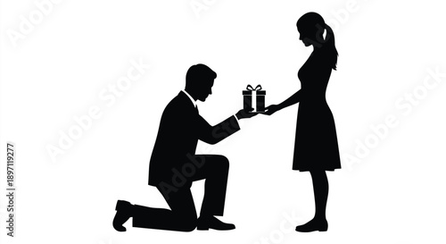 A man proposing to a woman with a gift black silhouette