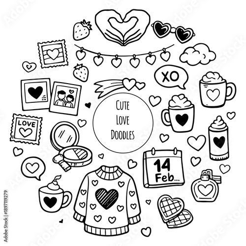 Hand draw doodle valentines day illustration. Love decorative elements with hearts