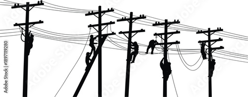 Silhouettes of workers climbing electricity poles and working on power lines vector illustration