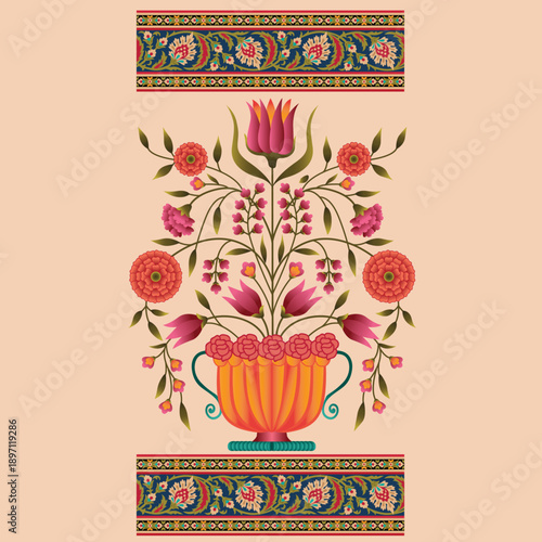 Abstract  color full paisley mughal motif flower leaf bunch pattern