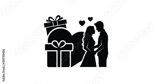 Couple embracing with gifts and hearts a striking black silhouette