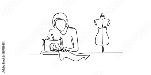 Continuous line drawing of a seamstress working at a sewing machine Vector, illustration