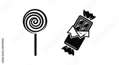 Black and white candy icons depict a lollipop and chocolate bar silhouette