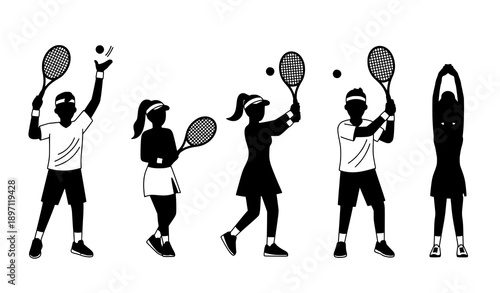 Minimal cartoon tennis player vector set for fitness design