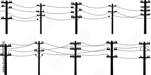 Two rows of utility poles with tangled power lines against a white background electricity infrastructure