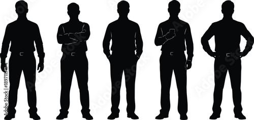 Businessman standing silhouettes set confident poses male figures collection black isolated illustration professional posture design