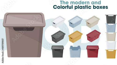 The set of modern and colorful plastic boxes