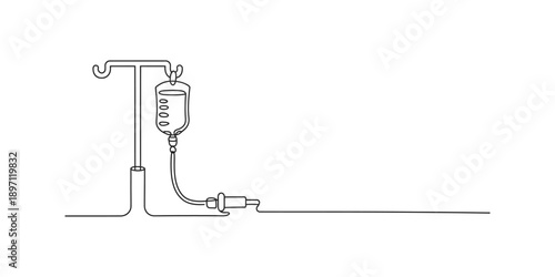 Continuous line drawing of a medical intravenous drip system on a white background Vector, illustration