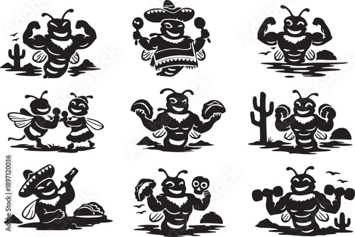 Muscular Mexican Bee Character Icons
