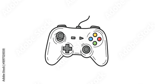 Modern hand drawn video game controller icon with colorful buttons, isolated white background.