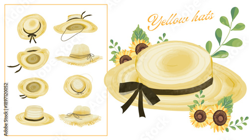The set of yellow women's hats, hand-drawn style