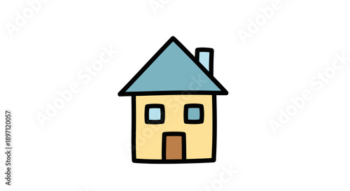 Cute hand drawn house icon in a simple doodle style with a blue roof, isolated white background.