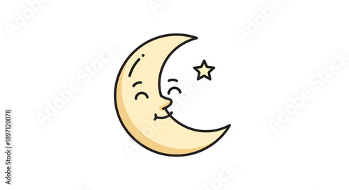 Happy smiling crescent moon icon with a small star, depicting a peaceful night sky, isolated white background.