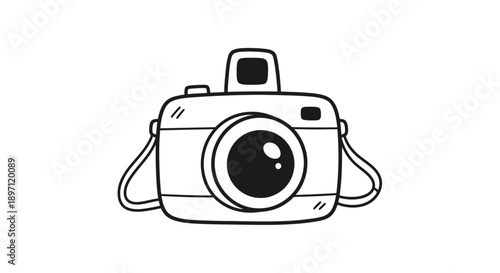 Classic line art vintage camera, illustrating photography, hobby, and capturing memories on an isolated white background, conveying a retro and creative mood
