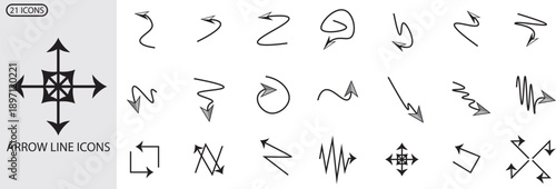 Arrows icons set. Line arrows. Vector arrows of various shapes and directions.