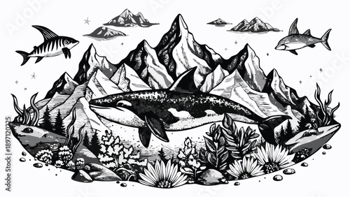 Orca whale swims through ocean with seaweed and mountain landscape surrounded by fish
