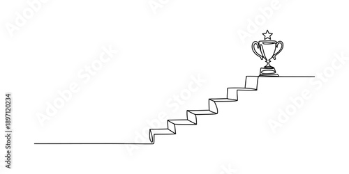 Continuous line drawing of a trophy at the top of a staircase representing the path to success Vector, illustration