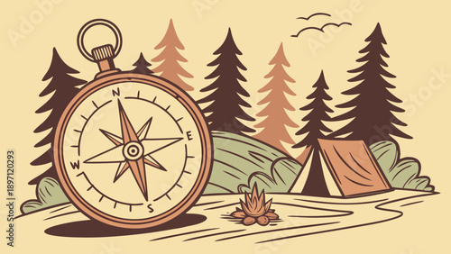 Vintage compass navigation camping wilderness adventure forest tent campfire