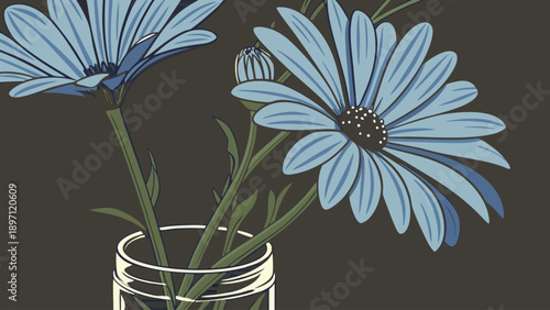 Blue flowers in a glass vase on a dark background still life with light blue daisies