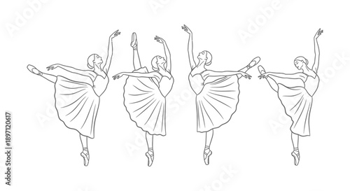 line art illustration of four elegant ballerinas in graceful classical ballet poses on pointe ideal for dance and artistic design projects.