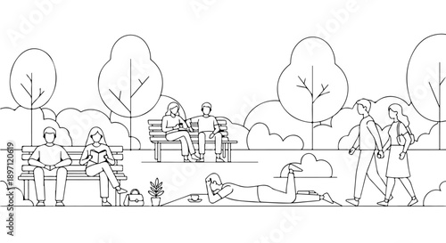 people enjoying leisure in an urban park reading walking and socializing reflecting outdoor relaxation and community life.