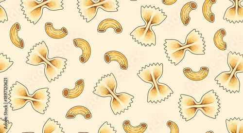 italian pasta seamless pattern with farfalle and macaroni scattered on light background a simple culinary graphic for food design.