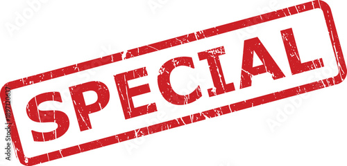 A red distressed rubber stamp vividly presents the word SPECIAL, highlighting unique offers or important classifications
