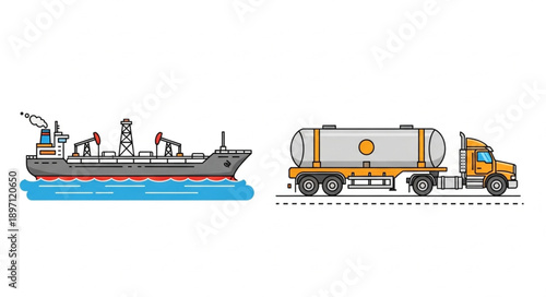 Oil tanker ship and fuel truck illustration.
