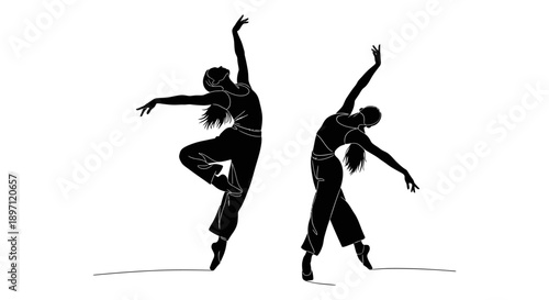 two female dancers silhouetted performing graceful contemporary dance with expressive fluid movements on white embodying artistic movement.