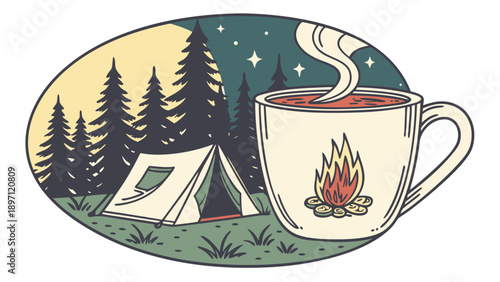 Camping scene with a cup of hot drink and a tent in a forest at night