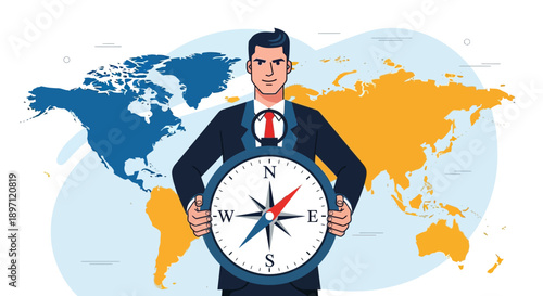 Business Professional with a Large World Map and Compass for Global Navigation and Orientation in International Markets