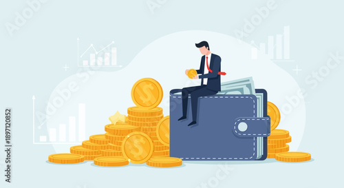 Financial Growth and Wealth Management Concept with Businessman and Coins Illustration for Investment Strategies and Savings
