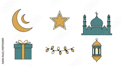 Islamic symbols and decorations for Ramadan and Eid celebration.