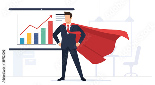Superhero Business Leader Exhibiting Confidence and Strength Amid Financial Growth Analysis in a Modern Office Environment