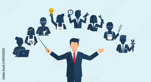 Dynamic business professional managing diverse team roles and multitasking in a collaborative work environment