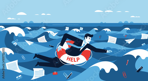 Overwhelmed person struggling to stay afloat amid a storm of scattered documents and digital devices in turbulent waters