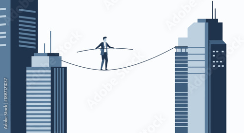 Business Professional Navigating High-Rise Skyscrapers on a Tightrope in City Skyline