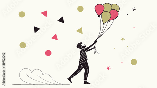 Flat illustration of a person holding colorful balloons