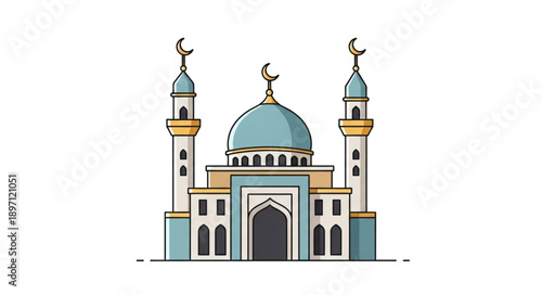 Islamic Mosque Building With Minarets and Dome.