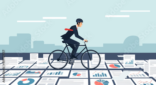 businessman riding bicycle over a statistical data map representing financial analysis and corporate growth with infographics
