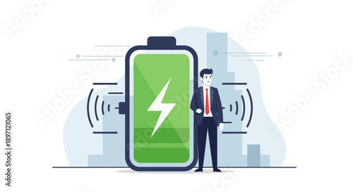 Digital Illustration of a Man Standing Beside a Large Smartphone Battery Icon Indicative of Full Charge and Power Management in