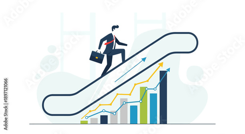 Businessman Climbing Up an Escalator Representing Growth and Career Progression in a Professional Environment
