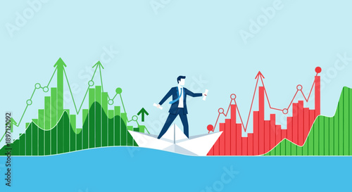 Businessman Analyzing Market Trends and Data Fluctuations with Growing and Declining Graphs in a Modern Digital Environment for