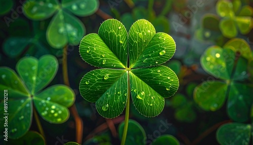 Close-up of a vibrant green four-leaf clover with water droplets.